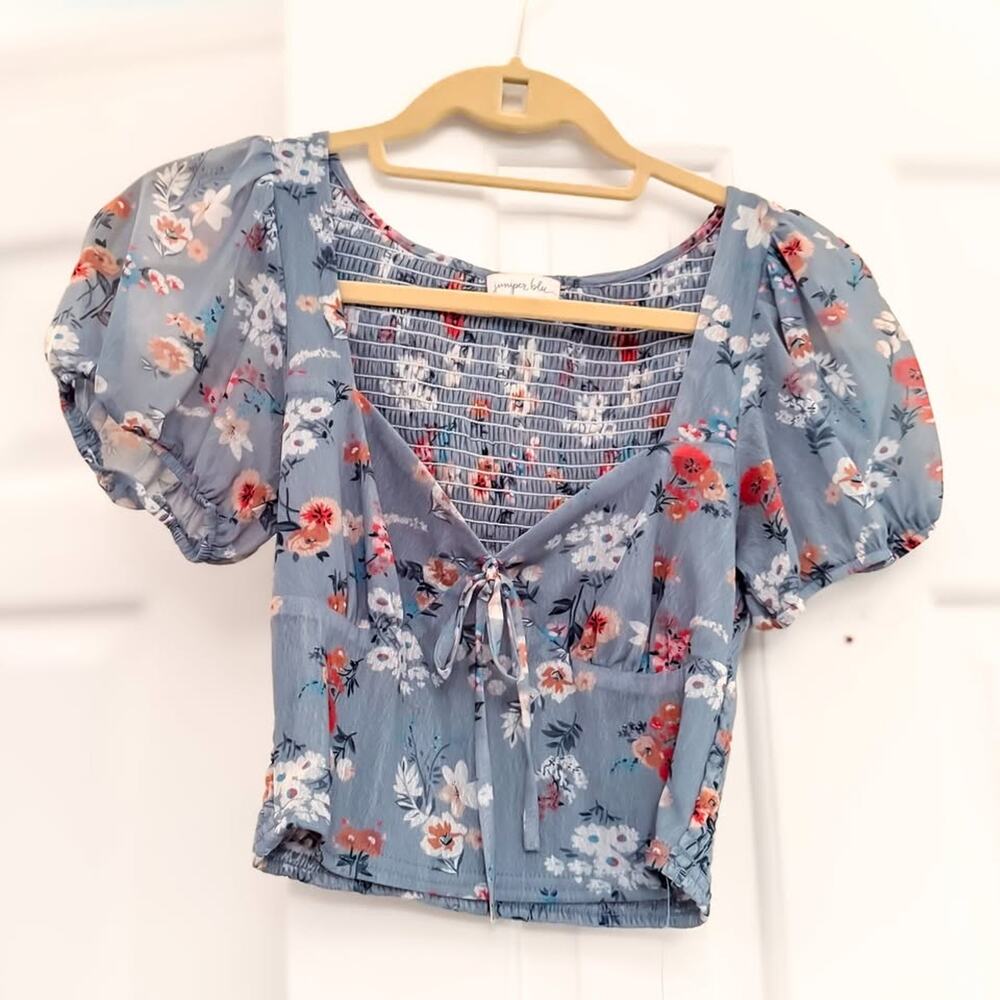 NEW Juniper Blu Blue Floral Smocked Puff Sleeve Tie Front Women's Size S